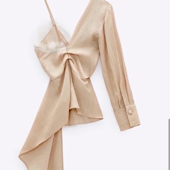 New Zara Beige Tan Asymmetrical Cami V Neck Lace One Shoulder Blouse Top - Picture 9 of 16